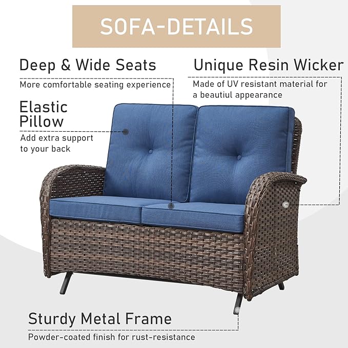 HUMMUH 7-Piece Patio Furniture Set with Fire Pit,Wicker Patio Glider Loveseat Outdoor Swivel Rocker Chairs with Ottomans for Backyard,Poolside,Deck