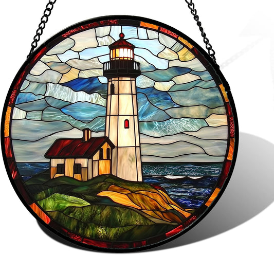 Stained Glass Window Hanging, Ocean Lighthouse Sun Catchers Glass Panel Blue Green Suncatcher Decor for Birthday for Women, Men, Wife, Aunt, and Mom 11.8 in