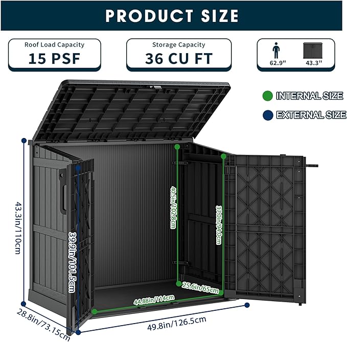Outdoor Storage Shed 36 Cu. Ft. Resin Garden Horizontal Storage Extra Large Capacity Weather Resistant Storage Box, Lockable Resin Waterproof Shed, Black