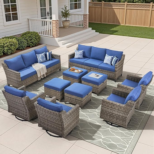 10 Piece Patio Furniture Set-High Back Outdoor Furniture Set Sectional Sofa with Wicker Swivel Patio Chairs,Comfy Cushions Ottomans for Porch Balcony Patio Deck Grey/Blue