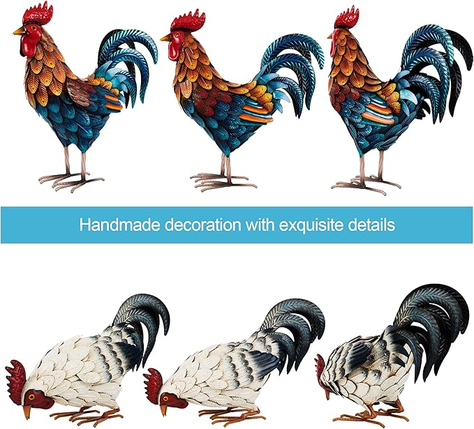 Shorayn Metal Rooster Statues, Outdoor Garden Statues, Metal Chicken Decor, Garden Sculptures & Statues, Chicken Ornaments Yard Art for Backyard Patio Lawn Decorations, Set of 2