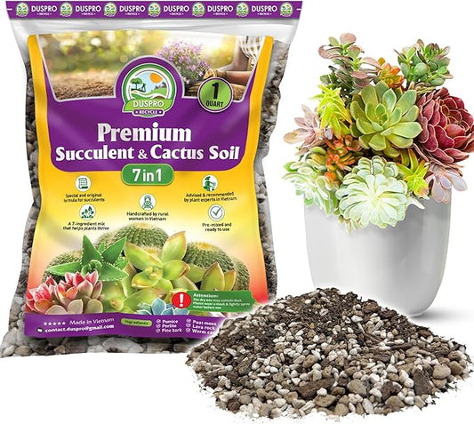 DUSPRO Succulents Soil Potting Mix – 7 in 1 Ingredients Well-Draining, Nutrient-Rich Cactus Potting Soil for Succulents and Cacti, Indoor & Outdoor Use, Ready to Use, Supports Healthy Root Growth, 1QT