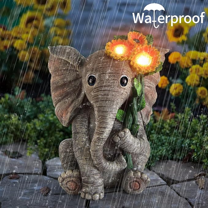 Outdoor Sculpture Figurine Statue Elephant Decor,Solar Garden Statues for Patio Home Yard Decor,Good Luck Sunflower Elephant for Women, Mom Gifts Housewarming Gift