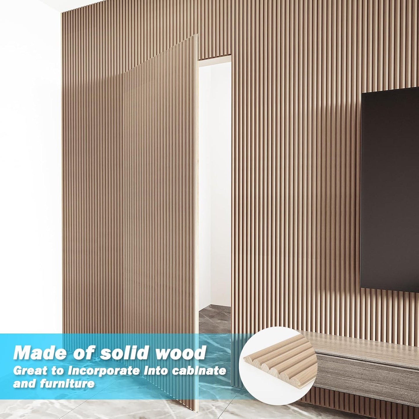 Art3d Fluted Wood Panel for Wall and Ceiling, Beaded Accent molding for Home Decoration, Pack of 4pcs + 1pc End-Trim, Size 108 x 5.7in.- Beaded Ashtree