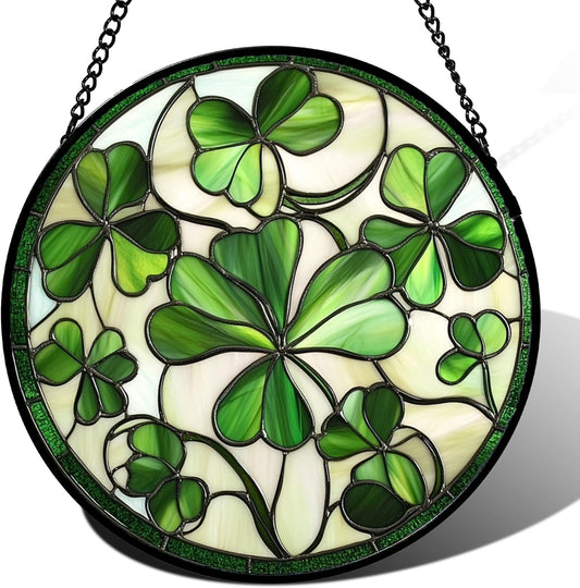 Stained Glass Window Hanging - Green Clover Flowers Suncatcher for Doors Garden St. Patrick's Day Plant Floral Sun Catchers Decor Mother's Day Birthday Gifts for Women Men Mom Nana 11.8 in