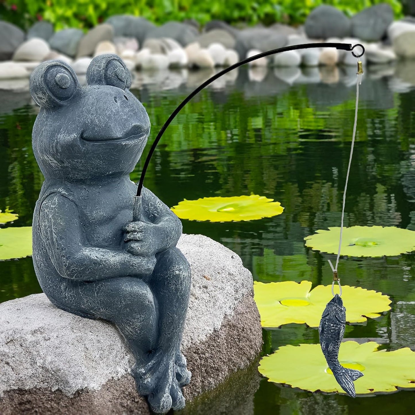 9.5" Fishing Frog Stone Look Sculpture, Whimsical Lawn Yard Art, Funny Garden Pond Fisherman Statue, Resin Animal Decorative Figurine, Ideal for Frog Fishing Lovers