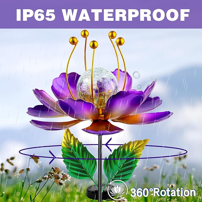 Solar Wind Spinner, 38 Inch Metal Stake Yard Spinners,Solar Powered Multi-Color LED Glass Ball with Kinetic Wind Sculpture Spinner Windmills for Yard