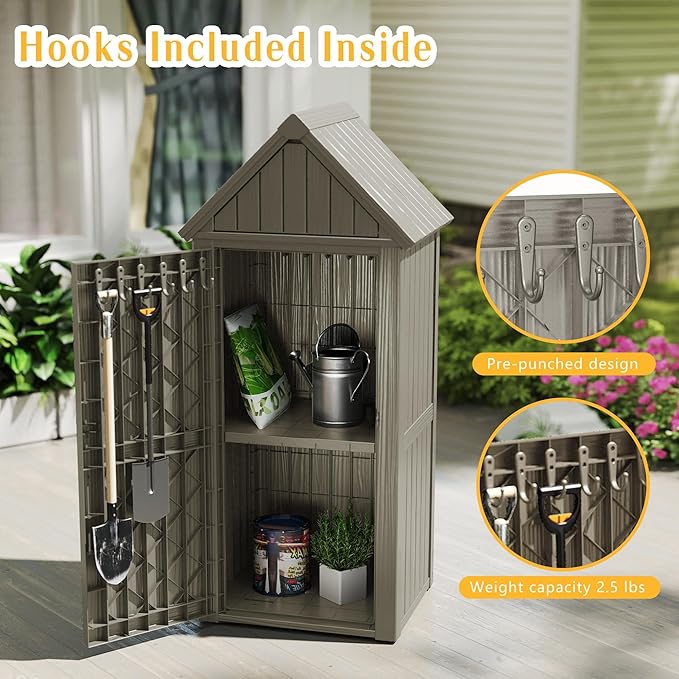 Storage Shed Outdoor,Waterproof Resin Garden Tool Shed, Heavy-Duty Weather-Resistant Cabinet for Patio, Backyard, or Garage (Grey)