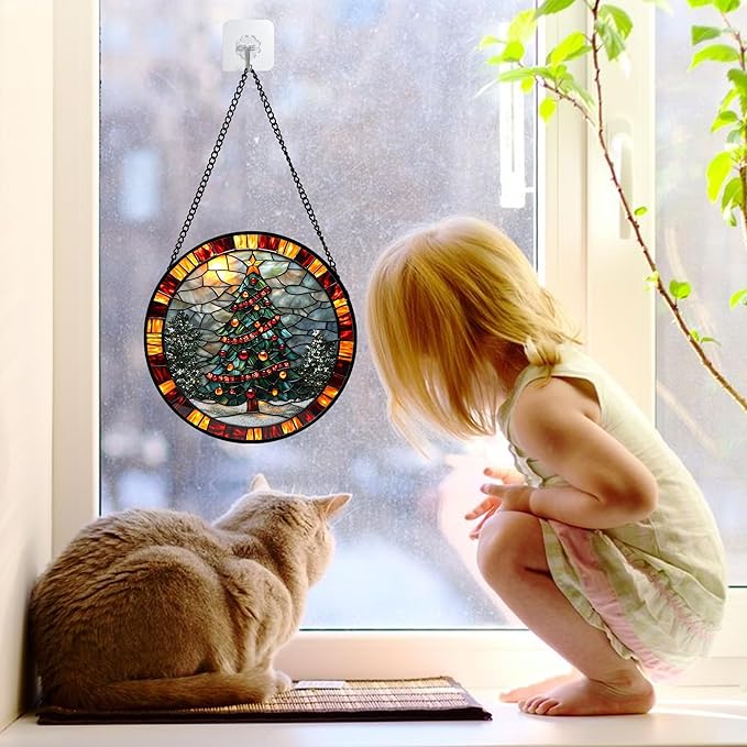 Stained Glass Window Hanging - Winter Christmas Tree Suncatcher Ready to Hang Window Doors Home Decoration, Christmas, Mother's Day Birthday Gifts for Women, Men, and Mom 9.8x9.8 in