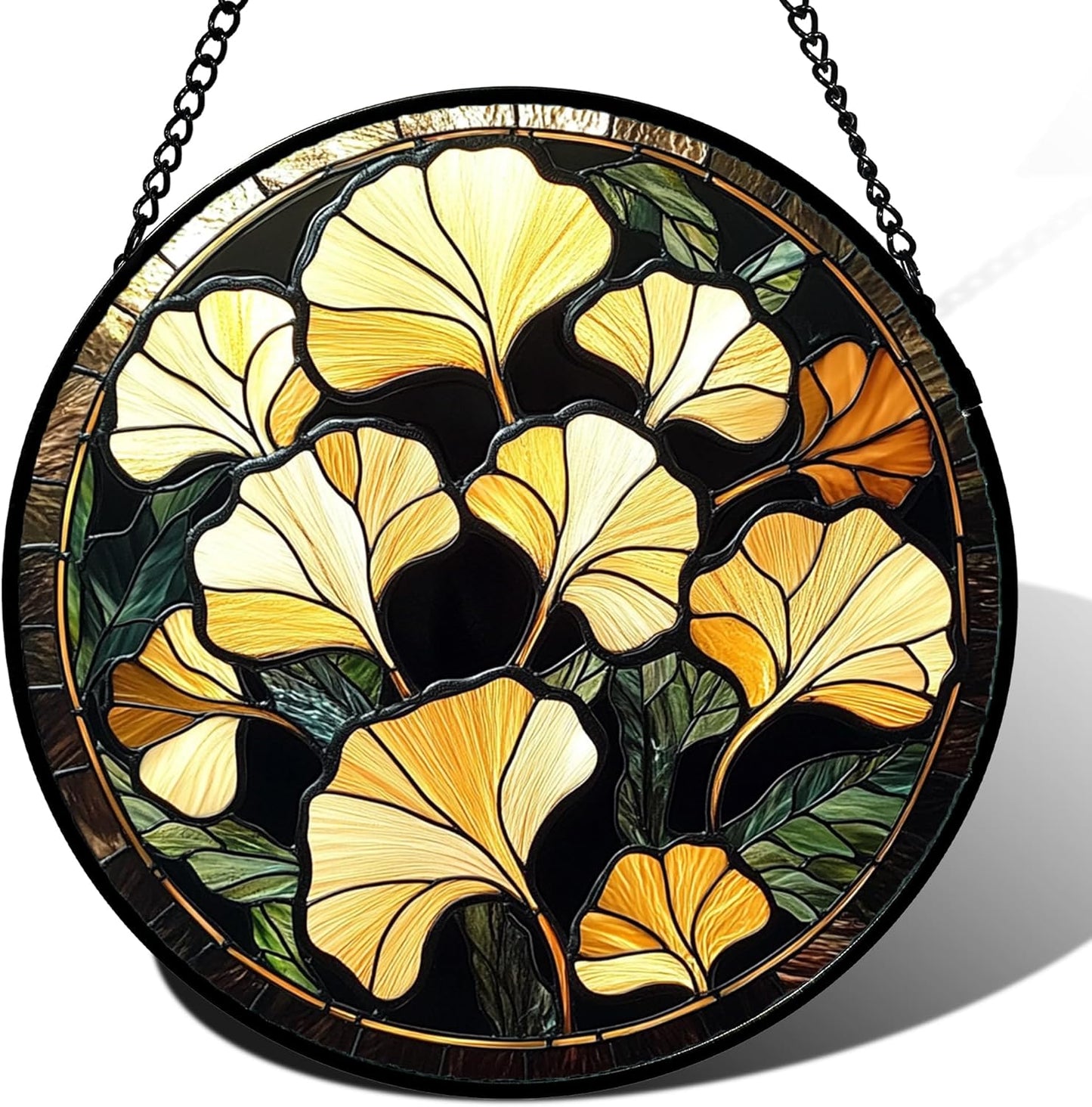 Stained Glass Window Hanging - Ginkgo Leaf Suncatcher for Doors Garden Patio Retro Fall Decor Sun Catchers Christmas Mother's Day Birthday Gifts for Women Men Mom Nana Friend 11.8 in