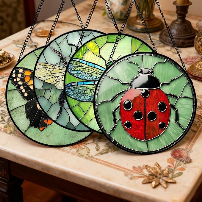 Stained Glass Window Hanging 4 Pcs Set Butterfly Dragonfly Bee Ladybug 6.3" - Suncatcher Door Garden Sun Catcher Decor Birthday Mother's Day for Mom Woman Nana Men