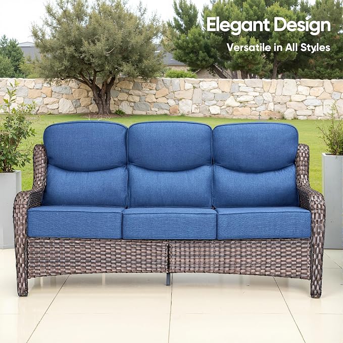 Swivel Patio Chairs sofa Set of 4 with 6" Thick Cushion - Wicker Outdoor Swivel Rocker Patio Chair ,Sofa/Glass coffee table, High Back Comfortable Outdoor Glider Chairs - Brown Wicker | Blue Cushions