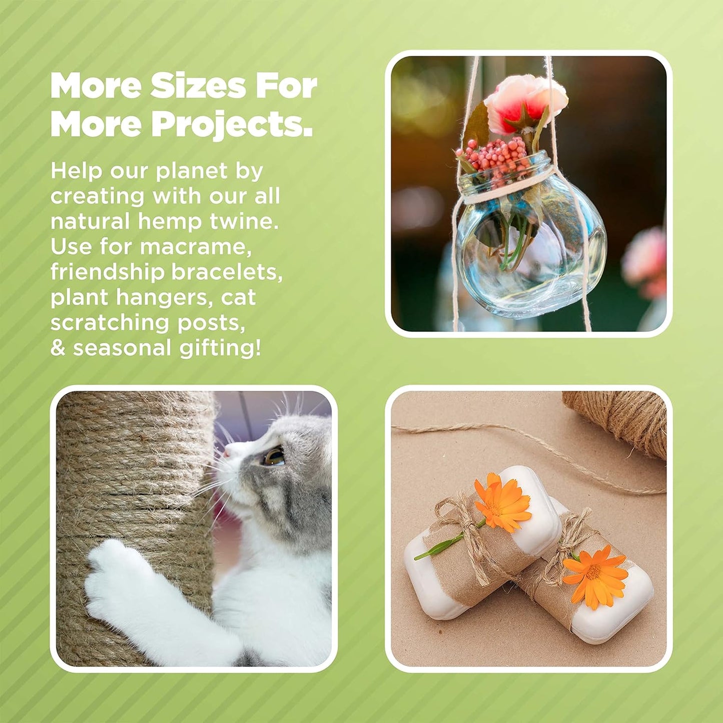 Hemp Twine for Gardening - Twine for Crafts - Organic Natural Hemp String for Jewelry Making - Strong Durable Cord for Decoration, Macrame + Cooking - 2MM 200G/265 Ft. - 48 lb. Test Strength - Natural