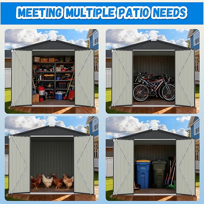 Greesum 8x8FT Outdoor Storage Shed, Utility Tool Shed Metal Storage Garden Shed with Door & Lock for Patio Storage, Black