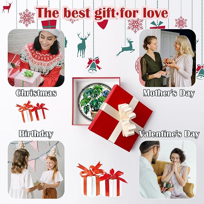 Stained Glass Window Hanging, Green Plant Monstera t Suncatcher Diamond Colorful Glass Panel Sun Catchers Decor for Birthday for Women, Men, Wife, Aunt, and Mom 6.3 in