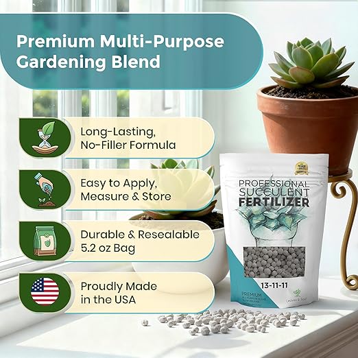 Leaves and Soul Succulent Fertilizer Pellets |13-11-11 Slow Release Pellets for All Cactus and Succulents | Multi-Purpose Blend & Gardening Supplies, No Fillers | 5.2 oz Resealable Packaging