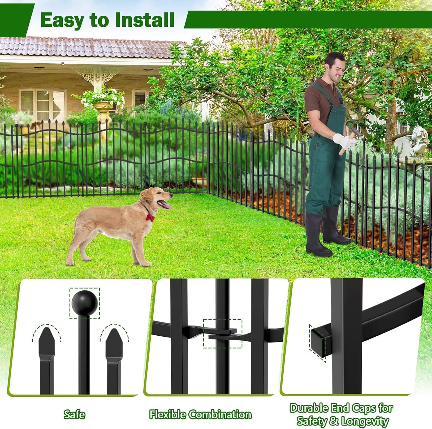 No Dig Garden Fence with Gate - 5 Panels 32in H x 11.25ft L, Sturdy Square Tube Rustproof Tall Animal Barrier for Dogs, Decorative Outdoor Fencing for Yard Gardens & Patios