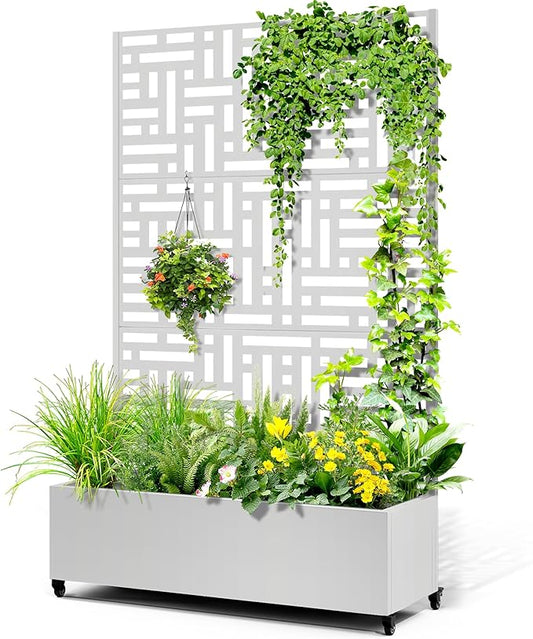 Metal Raised Garden Bed with Trellis, 2-in-1 Planter Box & Privacy Screen for Climbing Plants, Outdoor Standing Flower Bed with Drainage Holes, 47.2" L x 16.7" W x 70.8" H, White-Helen