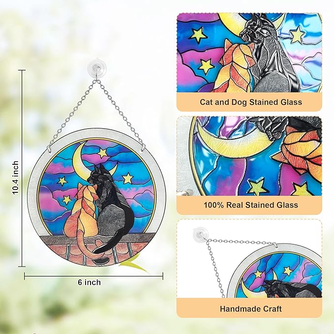 Cat Sun Catcher Stained Glass, 6 * 6inches Suncatcher for Window, Cat and Dog Patterns Sun Catcher Glass,Cat Mom Gifts