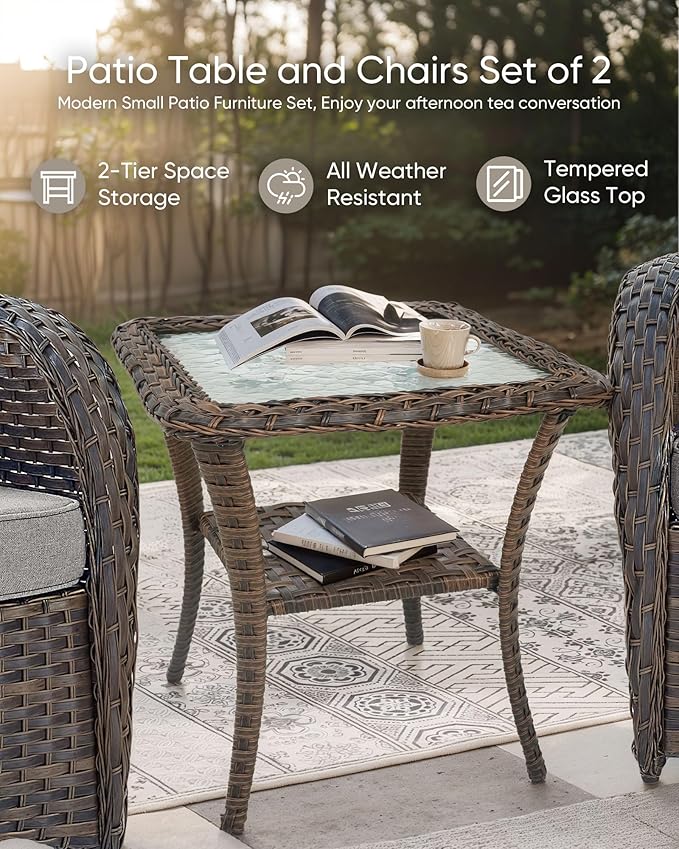 HUMMUH Outdoor Swivel Chairs,3 Pieces Patio Furniture Set with 360 Degree Wicker Swivel Rocking Chairs and Side Table for Garden,Porch,Backyard (Brown/Beige)