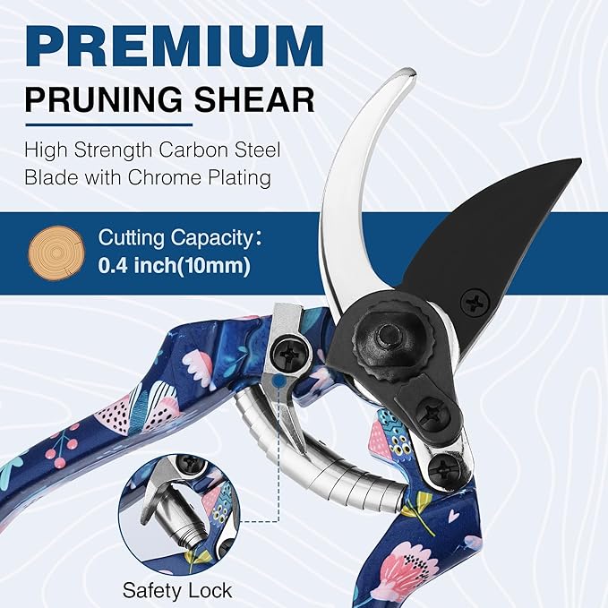 WORKPRO Aluminum Garden Tool Set, 4PCS Heavy Duty Hand Garden Tools with Box Include Trowel, Rake, Pruner, Garden Gloves, Floral and Insect Printing, Garden Gifts