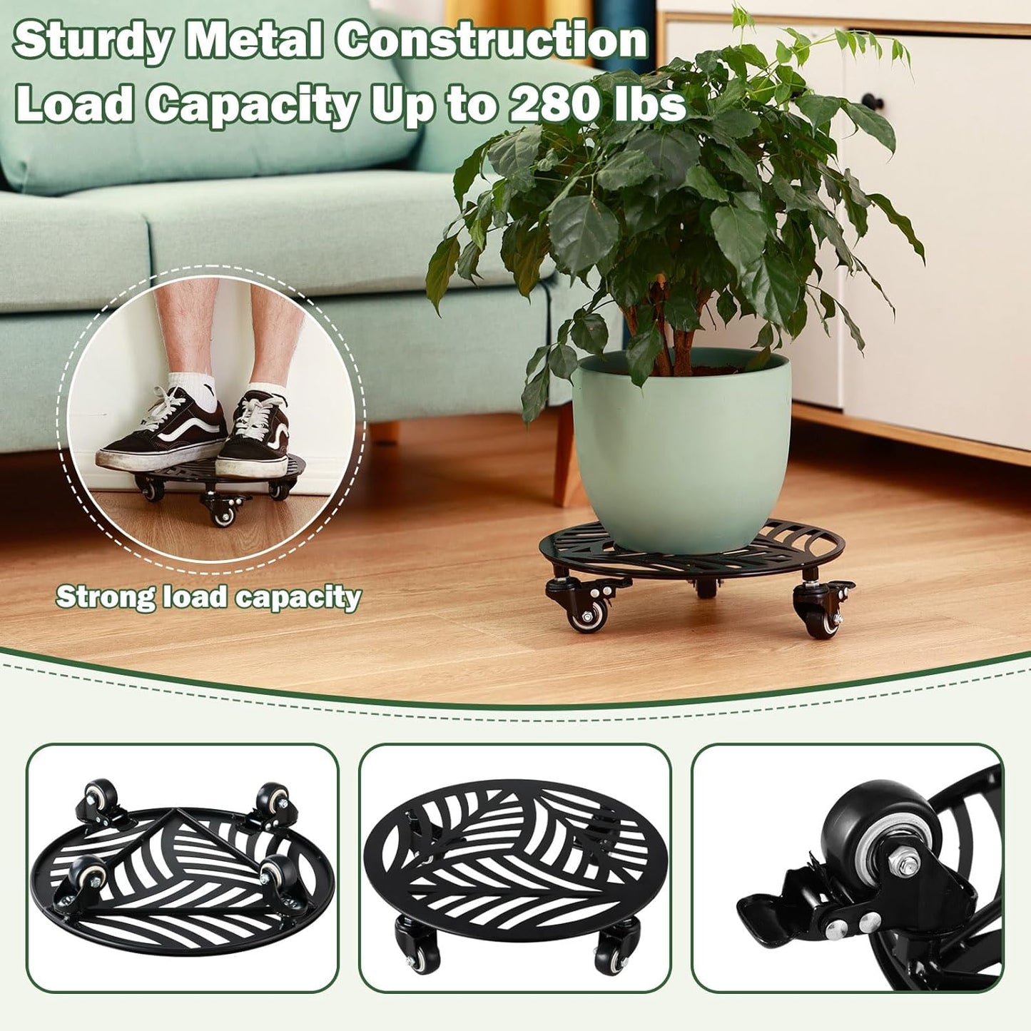 1 Pack Large Metal Plant Caddy with Wheels 13.6 Inches Heavy-duty Wrought Iron Rolling Plant Stand with Casters Indoor Outdoor Plant Roller Base Planter Movers Plant Dolly Coaster Trolley Black