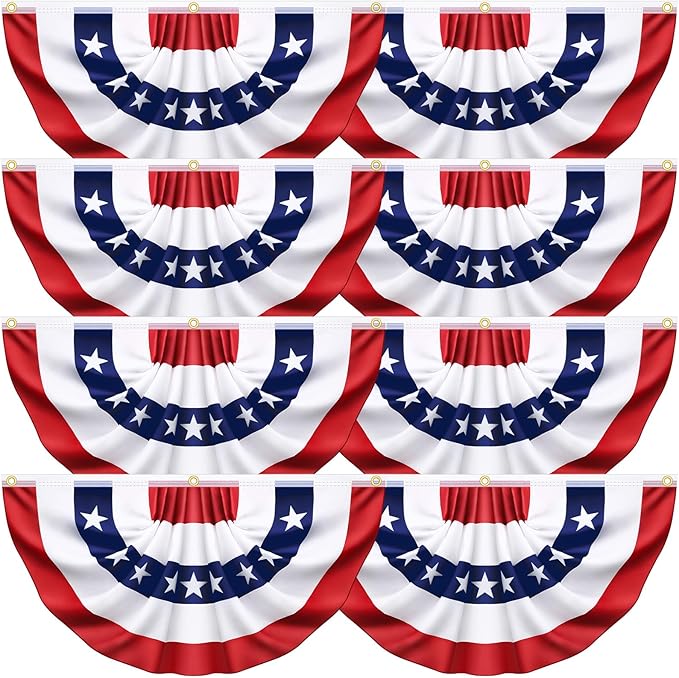 8 Pack USA Pleated Bunting Fan Flags, 1.5x3 Ft Patriotic Half Fan Banner American Flag Decoration Bunting for Outside Red White and Blue Decor Independence Day Memorial Day 4th of july Decorations