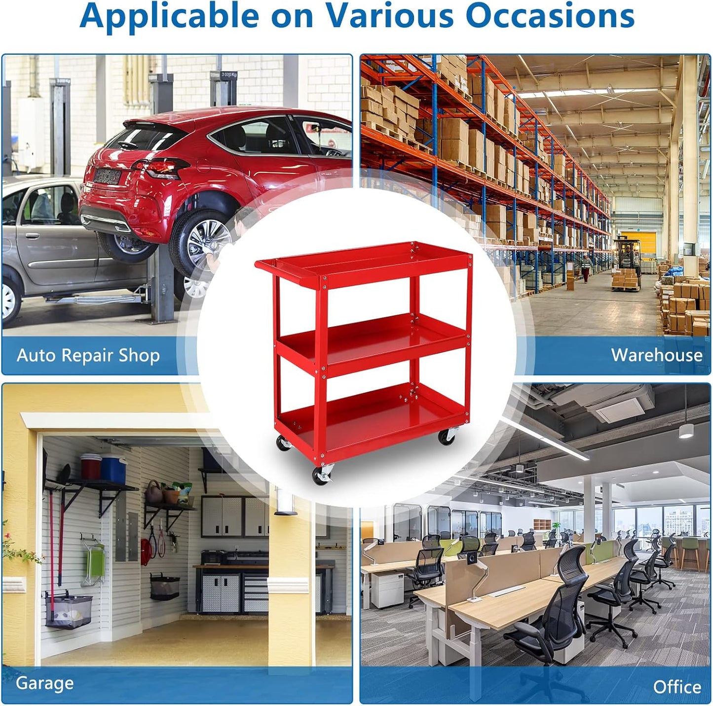 TUFFIOM 3 Tier Rolling Tool Cart, 330 Lbs Capacity, Red, 3 Shelves Steel Utility Cart for Garage, Workshop, Warehouse & Repair Shop