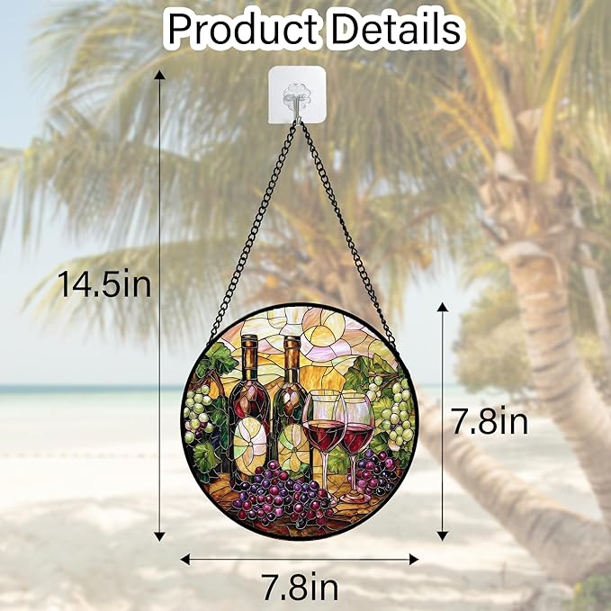 Stained Glass Window Hanging, Grapes and Wine Suncatcher Diamond Glass Panel Hangings Sun Catchers Decor for Birthday for Women, Men, Wife, Aunt, and Mom 7.8 in