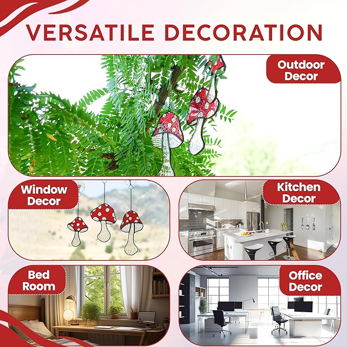 SENSORY4U Fly Agaric Hand-Painted Mushroom Stained Glass Suncatcher 3-Pack - Moon and Toadstool Window Hanging Ornaments - Nature-Inspired Home Décor for Plant and Mushroom Lovers