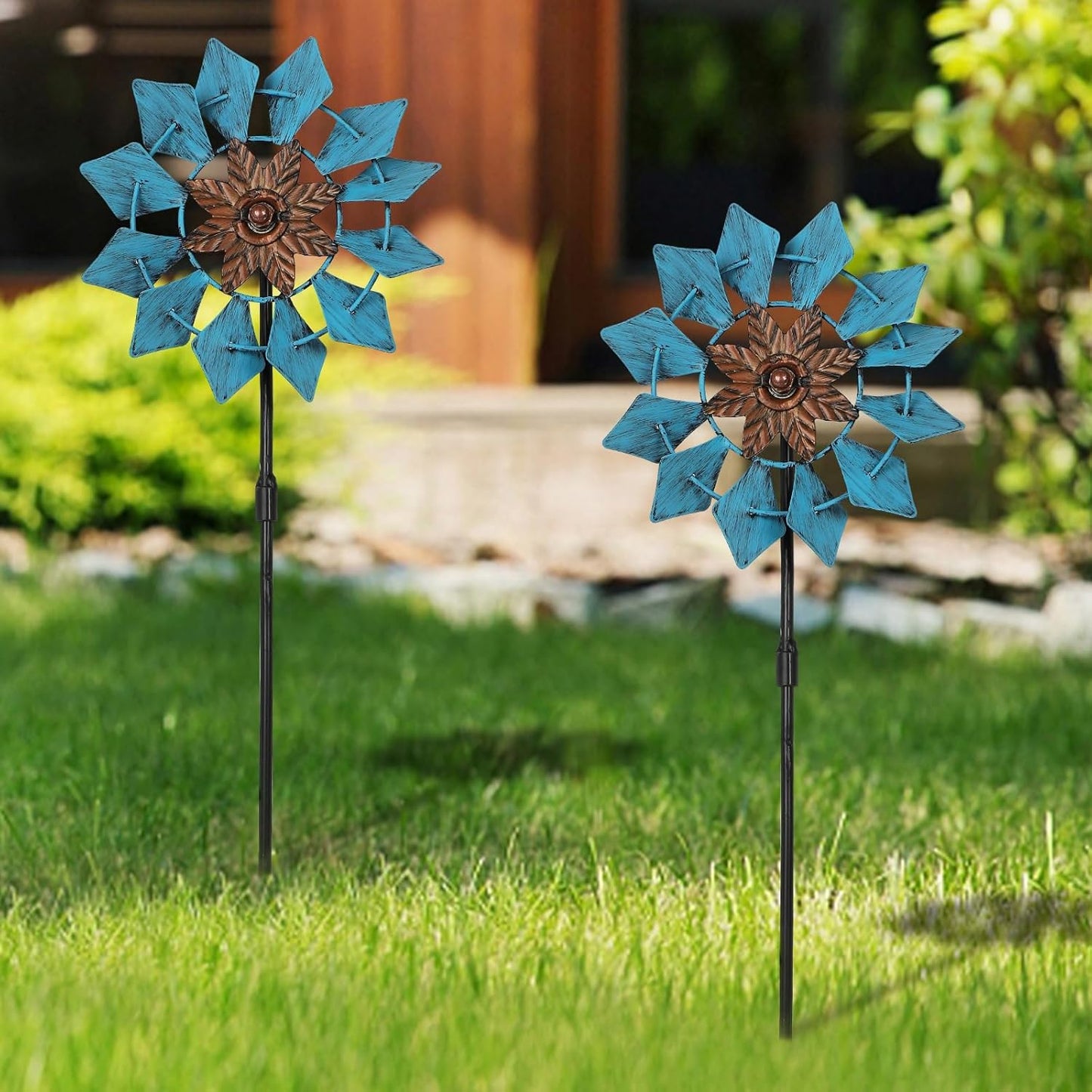 3 Pack Wind Spinners with Metal Stake, 16.3 Inches Yard Garden Sculptures for Outdoor Spring Decoration Lawn Patio Wind Catcher Windmill (Blue Flower)