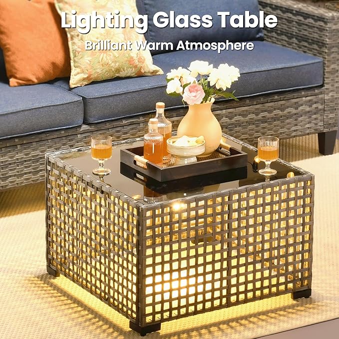 ovios 10 Pieces Patio Furniture Set, Outdoor Wicker Sofa Couch with Rocking Swivel Chairs Solar Lights Table Fire Pit, Modern Deep Seat Rattan Conversation Sets, Denim Blue