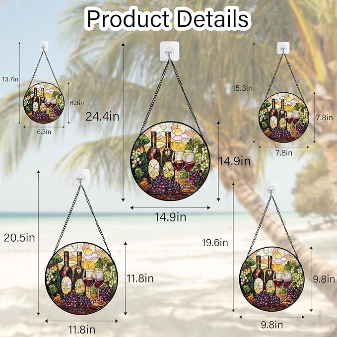 Stained Glass Window Hanging, Grapes and Wine Suncatcher Diamond Glass Panel Hangings Sun Catchers Decor for Birthday for Women, Men, Wife, Aunt, and Mom 14.9x14.9 in