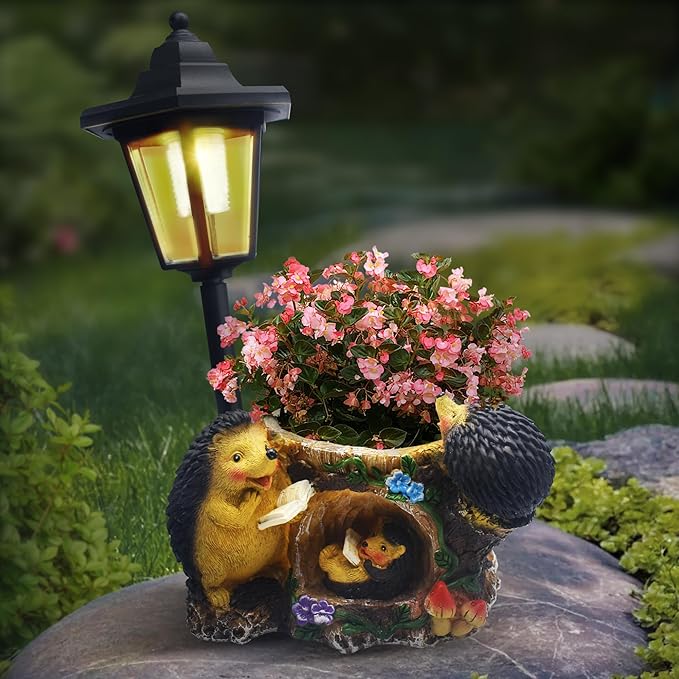 Outdoor Hedgehogs Statues Solar Sculptures with Solar Lights and Flowerpot Funny Garden Decor Animal Figurines Resin Outdoor Statues for Patio Yard Lawn Balcony Gifts