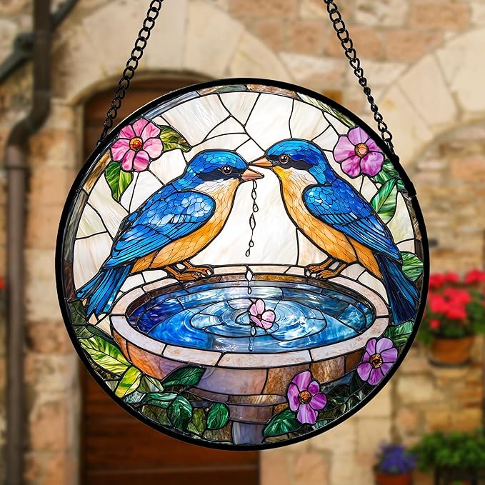Stained Glass Window Hanging, 2 Blue Birds Suncatcher Diamond Glass Panel Hangings Bird Lover Sun Catchers Decor for Birthday for Women, Men, Wife, Aunt, and Mom 6.3 in