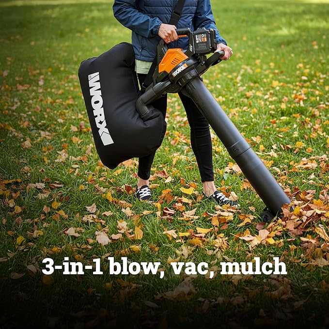 WORX WG583 40V Cordless Leaf Blower, 3 in 1 Blowers for Lawn Care with Vacuum & Mulcher, Electric Blower with Brushless Motor & 2 Speed Control, 2 Batteries & Charger Included