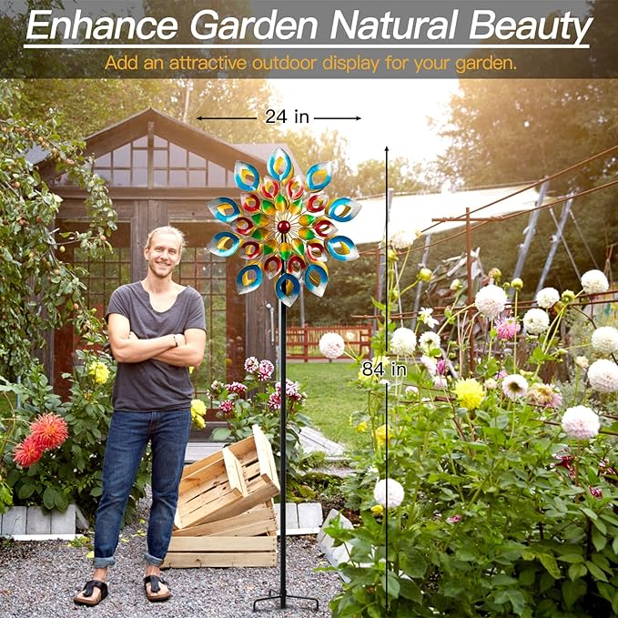 Yard Garden Wind Spinners with Stake - Large Outdoor Metal Wind Spinners, Lawn Yard Art Garden Decor (24" W x 84" H)