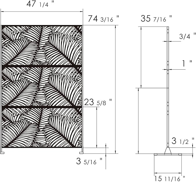 Kozyard Metal Privacy Screen 74" H x 47.2" W Decorative Outdoor Divider with Stand Panels Freestanding Screen Set for Deck Patio Balcony Garden Outdoor&Indoor (Black/Palm Leaf)