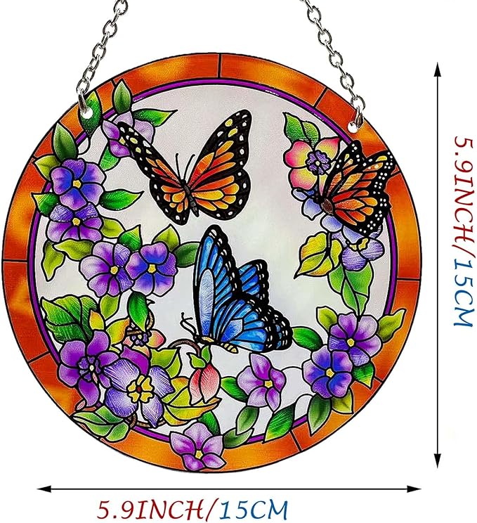 Butterfly Stained Glass Suncather Window Hangings, Colorful Flower Suncatchers 6 inch Colorful Glass Panel Sun Catchers Pretty Gifts, Decoration for Home Garden Christmas Party Wedding