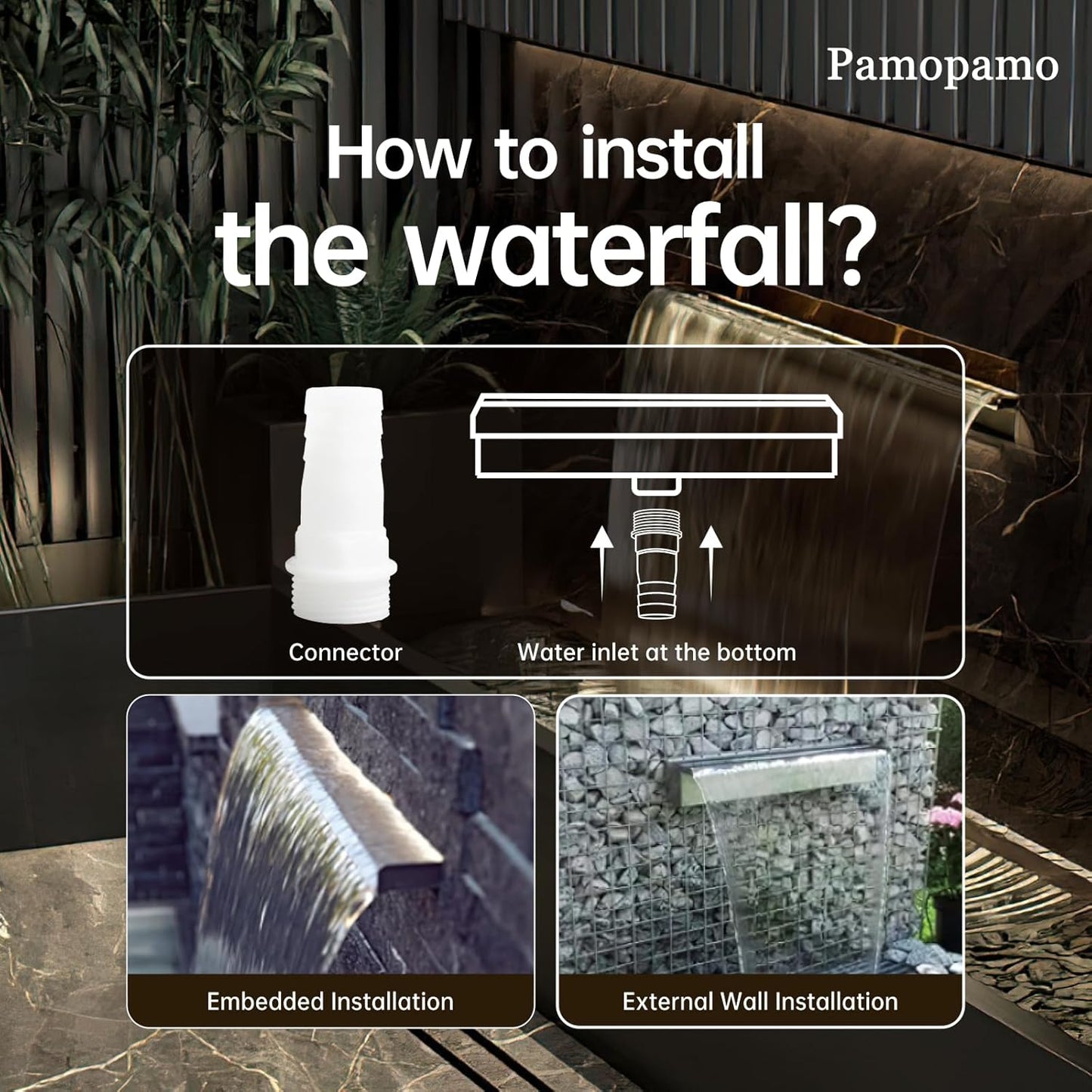 Pond Waterfall Spillway Pool Fountain Water Feature, Black Stainless Steel Outdoor Fountains, Swimming Pool Water Flow Waterfalls Kit for Garden Patio Ponds-23.6"x7.8"x3.9"(NO Light)