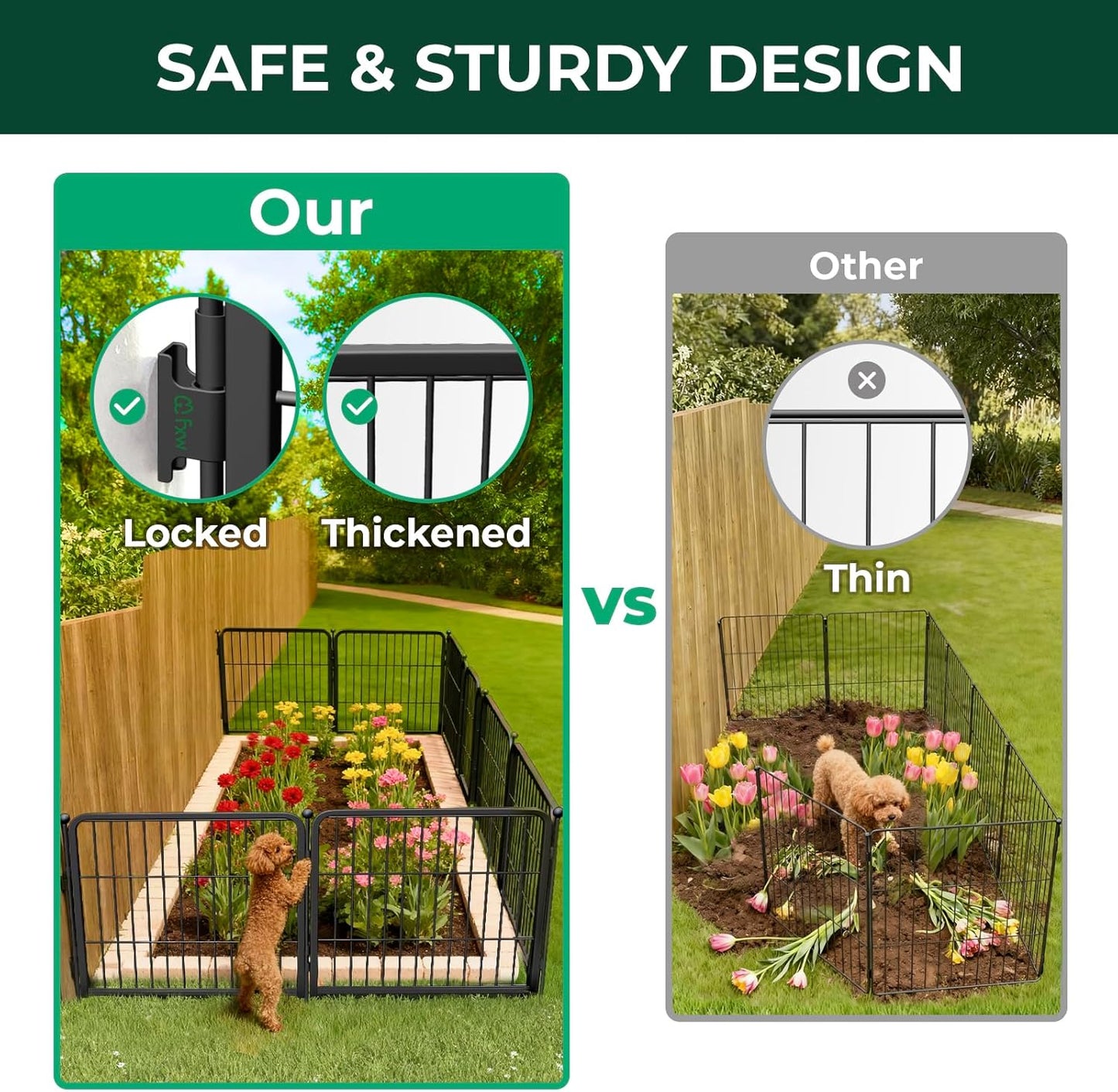 FXW Garden Fence Outdoor for The Yard – 24in(H) x 15.2ft(L) Heavy Duty Metal Animal Barrier for Dog and Rabbit, Decorative Dog Fence with Fence-to-Wall Anchor (Pack of 4), 8 Panels, Black