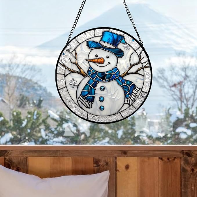 Stained Glass Window Hanging Christmas Snowman Blue White 9.8" - Suncatcher Door Garden Sun Catcher Home Decor Birthday Mother's Day Xmas Gift for Mom Men Woman Her Nana Parents Girl