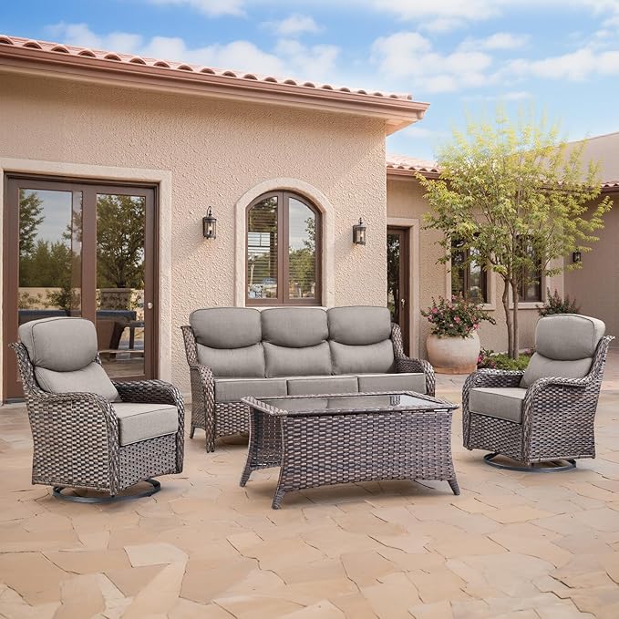 Swivel Patio Chairs sofa Set of 4 with 6" Thick Cushion - Wicker Outdoor Swivel Rocker Patio Chair ,Sofa/Glass coffee table, High Back Comfortable Outdoor Glider Chairs - Brown Wicker Grey Cushions