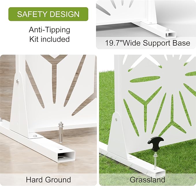 Metal Privacy Screen for Outdoor Freestanding Privacy Screens, 72" H x 44" W Patio Metal Fence Panels with Stand, Portable White Screens for Outside Deck Balcony Garden and Indoor