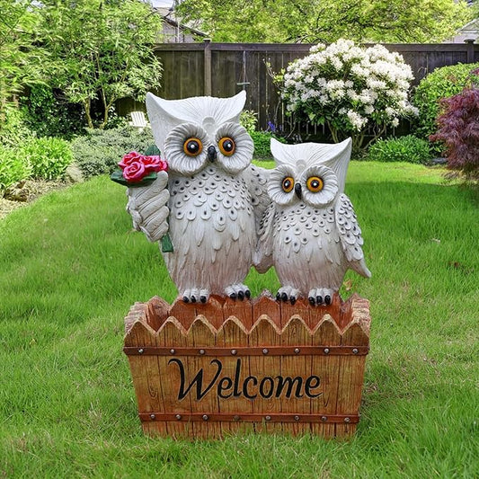 Garden Owl Statue Planter Outdoor - Large Owl Welcome Statue Tall Decor Fake Owls to Scare Birds Outdoor Sculptures for Patio Porch 25.2inch, White