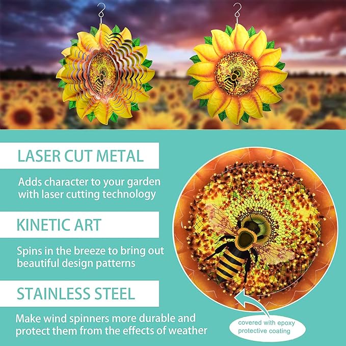 Sunflower Wind Spinner Metal Garden Decor Outdoor 3D Stainless Steel Sculptures Kinetic Hanging Whirligigs Yard Art Decorations Backyard Indoor Patio Lawn Ornaments Clearance Sun Catcher Windmill