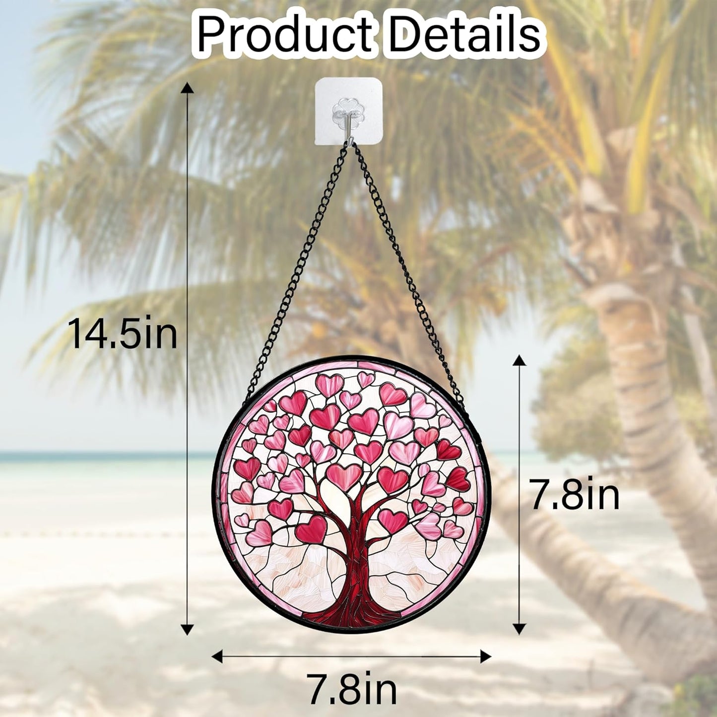 Stained Glass Window Hanging, Pink Love Heart Tree Suncatcher Hangings Beige Sun Catchers Decor for Birthday Holiday for Women, Men, Wife, Aunt, Mom 7.8 in