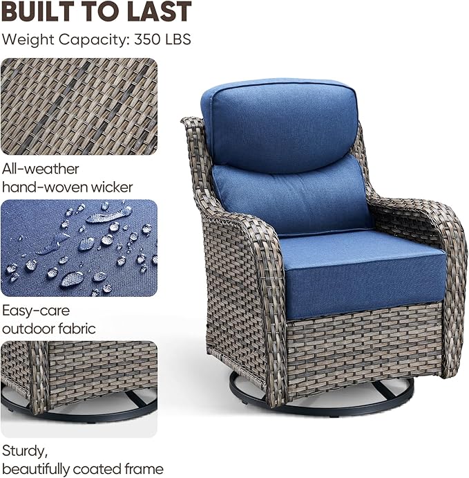Swivel Patio Chairs sofa Set of 4 with 6" Thick Cushion - Wicker Outdoor Swivel Rocker Patio Chair ,Sofa/Glass coffee table, High Back Comfortable Outdoor Glider Chairs - Grey Wicker | Blue Cushions
