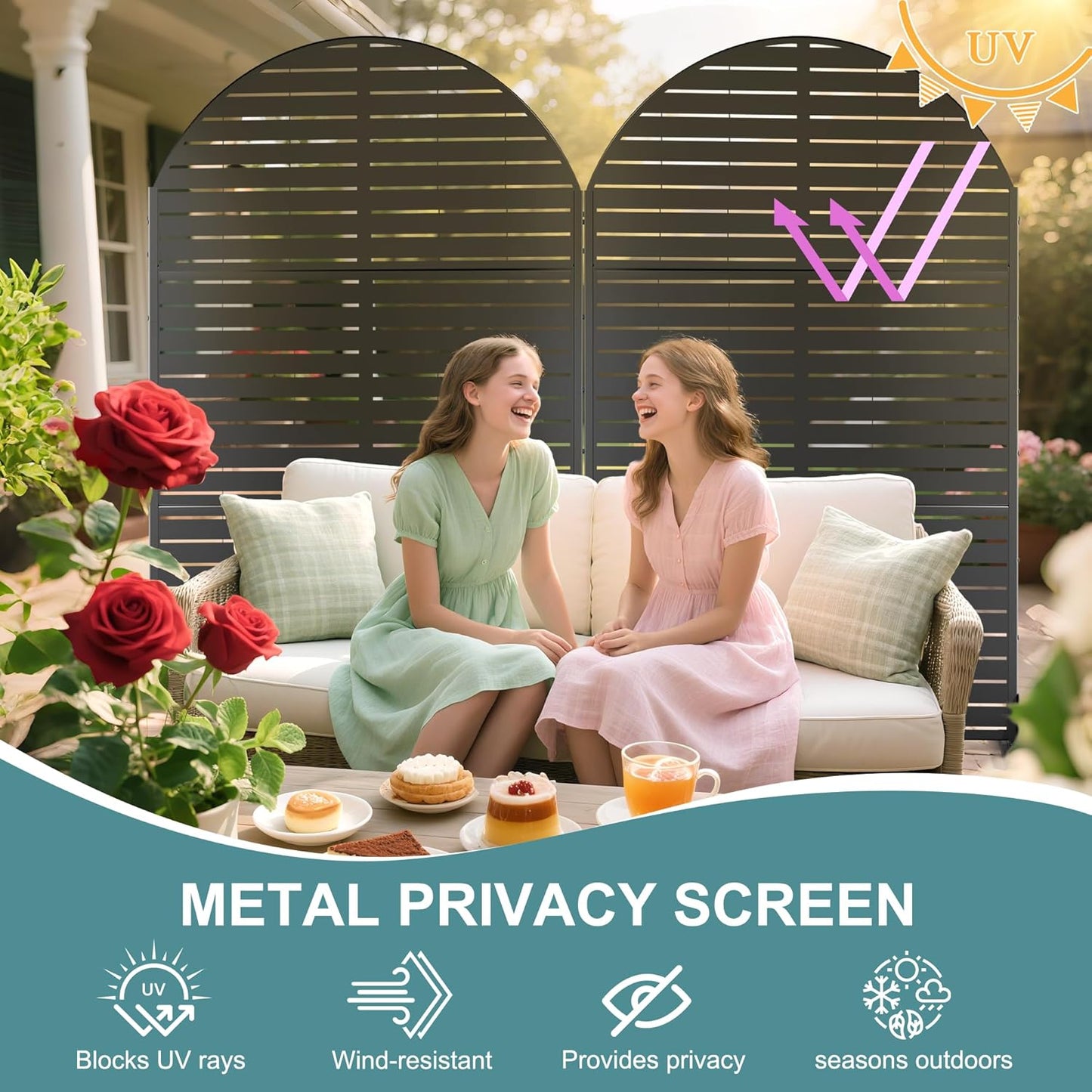 FENCY Metal Privacy Screen with Stand 72" H×47" W Outdoor Freestanding Privacy Panels, Arched Outdoor Privacy Screen for Deck Patio Balcony(Black-Louvered)