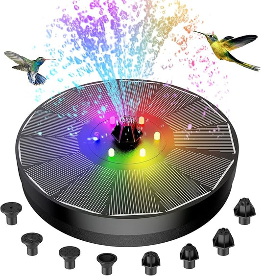 Solar Fountain, Powered Water 4W Pump for Bird Bath with LED Lights, 7 Nozzle and Fixer Hummingbird Garden, Pond, Pool, Fish Tank, , Black